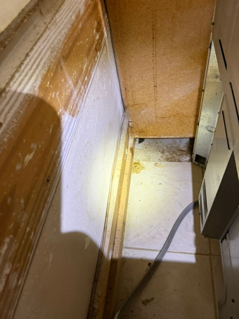 Floor-level view inside an air handler closet showing staining at the wall to floor joint